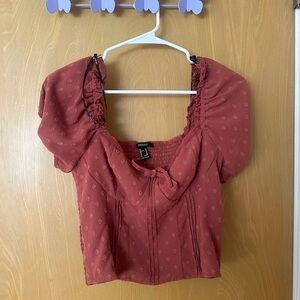 Forever 21 Cropped Rusty Red Pink Corset Style Top with Puffy Sleeves